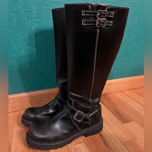 John Fluevog black leather Bondgirl / F-Tall Engineer knee-high boots